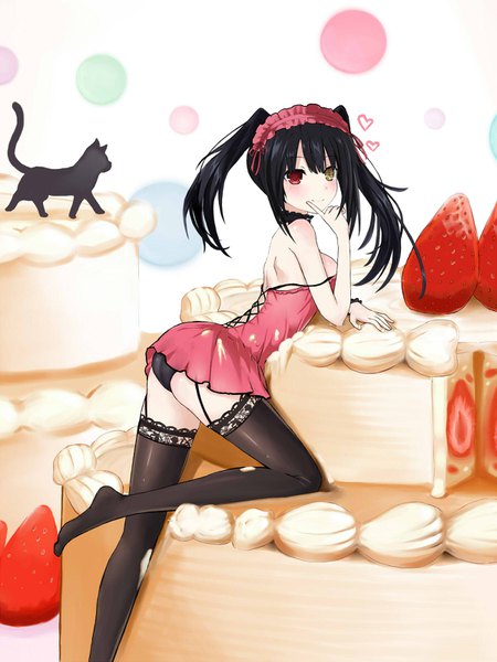 Anime picture 1200x1600 with date a live tokisaki kurumi z1npool single long hair tall image looking at viewer blush light erotic black hair simple background smile red eyes yellow eyes payot bent knee (knees) arm support leaning leaning forward heterochromia