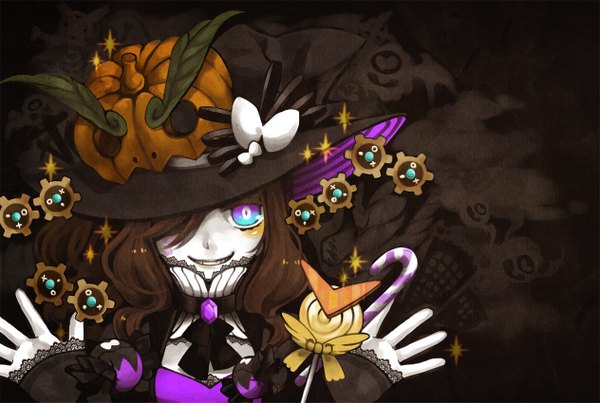 Anime picture 1263x849 with pokemon pokemon (game) pokemon black and white nintendo hilda (pokemon) victini woobat gothitelle klink darmanitan cambo copoca long hair blush simple background smile brown hair purple eyes halloween gen 5 pokemon girl