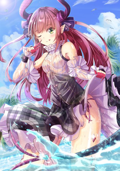 Anime picture 1702x2406 with fate (series) fate/extra fate/extra ccc elizabeth bathory (fate) (all) elizabeth bathory (fate) synn032 single long hair tall image looking at viewer blush fringe highres breasts light erotic standing bare shoulders green eyes payot pink hair