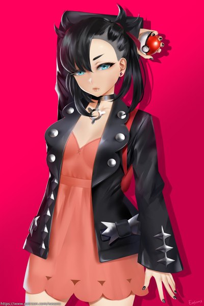 Anime picture 900x1350 with pokemon pokemon (game) pokemon swsh nintendo marnie (pokemon) eason single tall image looking at viewer fringe short hair breasts black hair simple background hair between eyes standing twintails holding signed cleavage