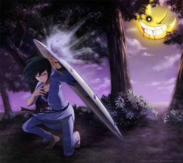 Anime picture 1000x888 with soul eater original studio bones arya-aiedail single short hair smile brown eyes yellow eyes cloud (clouds) japanese clothes green hair night sky grin girl plant (plants) tree (trees) belt kimono moon