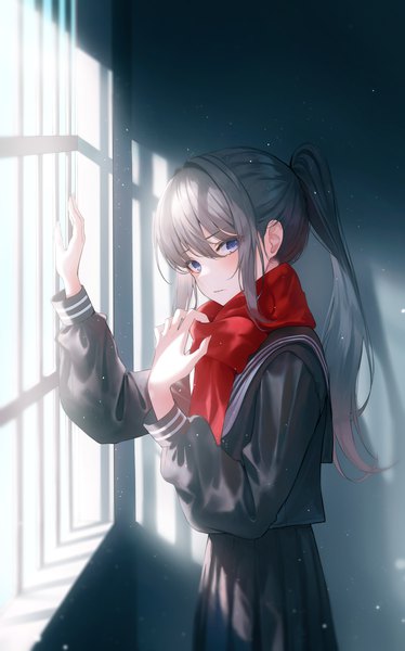 Anime picture 3538x5673 with original kerno single long hair tall image looking at viewer blush fringe highres blue eyes black hair hair between eyes holding payot absurdres ponytail indoors long sleeves sunlight sunbeam