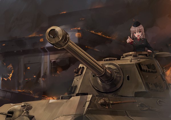 Anime picture 2000x1413 with girls und panzer itsumi erika akasaai single blush fringe highres short hair open mouth hair between eyes green eyes upper body outdoors grey hair blurry teeth :o sweat depth of field outstretched arm