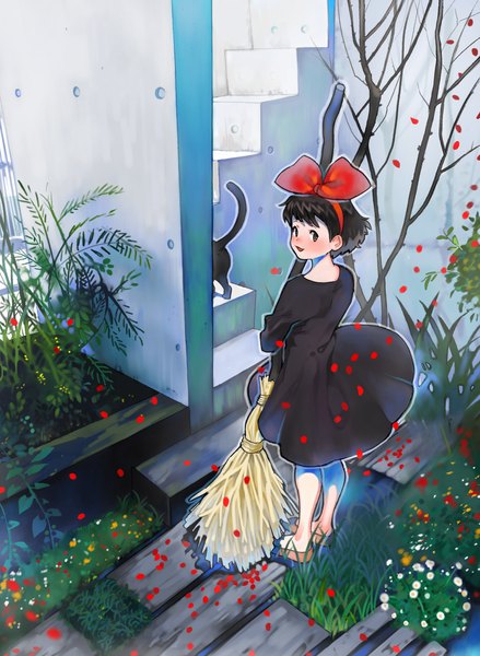 Anime picture 1229x1679 with kiki's delivery service studio ghibli kiki jiji arutera single tall image blush short hair black hair standing brown eyes light smile from behind back girl dress flower (flowers) bow plant (plants)