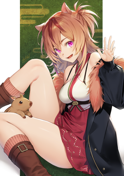 Anime picture 827x1169 with original tokki single long hair tall image looking at viewer blush fringe breasts open mouth light erotic smile hair between eyes sitting bare shoulders signed animal ears bent knee (knees) :d pink eyes