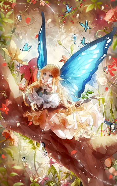 Anime picture 1800x2855 with merc storia cui (jidanhaidaitang) single long hair tall image looking at viewer highres blue eyes blonde hair smile sitting bent knee (knees) braid (braids) pointy ears sunlight fantasy insect wings butterfly wings fairy hands on face