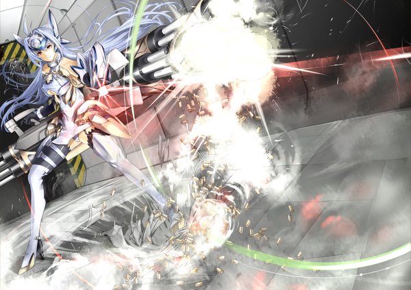 Anime picture 1445x1021 with xenosaga monolith software kos-mos giba (out-low) single long hair light erotic red eyes silver hair ahoge pantyshot girl thighhighs weapon collar huge weapon