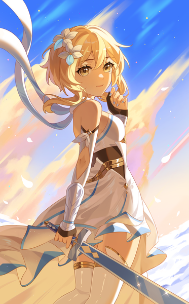 Anime picture 2549x4096 with genshin impact lumine (genshin impact) orikawaz single tall image looking at viewer fringe highres short hair blonde hair smile hair between eyes standing bare shoulders yellow eyes sky cloud (clouds) outdoors nail polish hair flower