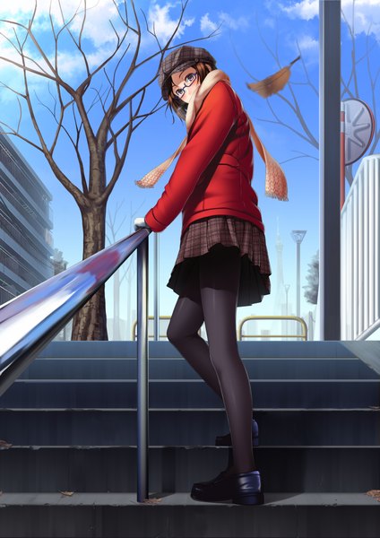 Anime picture 2976x4209 with original minimiko3013 single tall image looking at viewer blush highres short hair brown hair brown eyes girl skirt plant (plants) pantyhose tree (trees) glasses jacket black pantyhose scarf winter clothes
