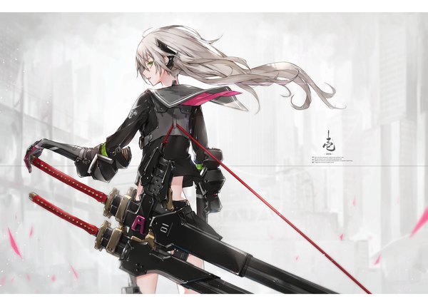 Anime picture 1677x1200 with original yucca-612 (neco) single long hair looking at viewer fringe hair between eyes standing green eyes profile looking back grey hair floating hair letterboxed mecha musume girl skirt weapon sword black skirt