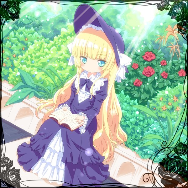 Anime picture 3000x3000 with gosick studio bones victorique de blois ayakashi (monkeypanch) single long hair highres blue eyes blonde hair sitting absurdres loli girl dress flower (flowers) plant (plants) book (books) bonnet