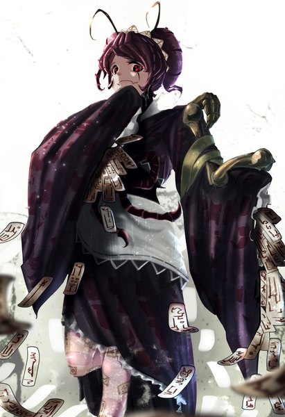 Anime picture 615x896 with overlord (maruyama) madhouse entoma vasilissa zeta tagame (tagamecat) single tall image looking at viewer short hair simple background red eyes standing white background wide sleeves maid standing on one leg hands in sleeves dark hair antennae insect girl girl