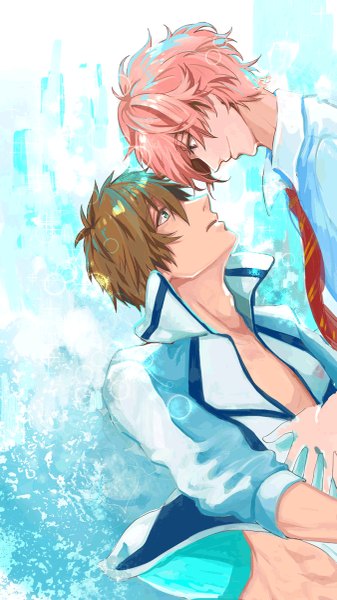 Anime picture 675x1200 with free! kyoto animation tachibana makoto shigino kisumi tall image short hair smile brown hair green eyes pink hair profile pink eyes light smile lips open clothes open jacket multiple boys blue background muscle face to face