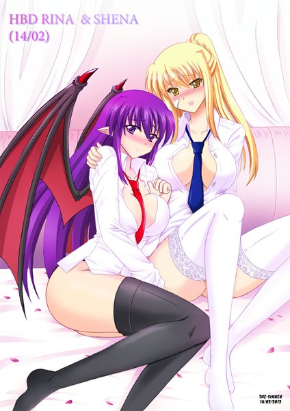 Anime picture 800x1131 with original rina (original) shena (original) the-sinner long hair tall image looking at viewer blush light erotic blonde hair purple eyes multiple girls yellow eyes cleavage purple hair ponytail pointy ears girl thighhighs black thighhighs
