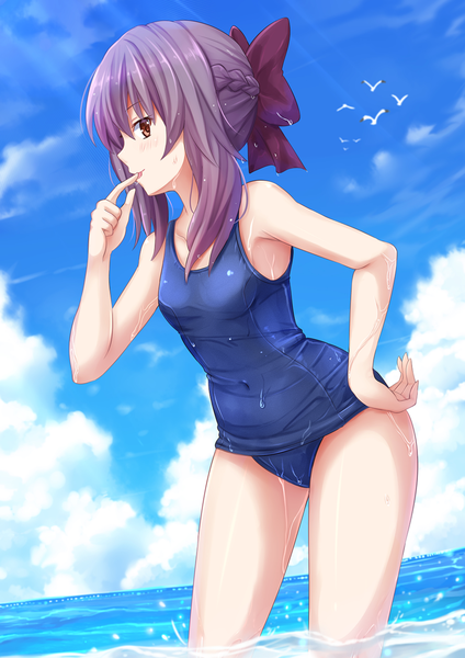 Anime picture 945x1337 with owari no seraph wit studio hiiragi shinoa kazenokaze single long hair tall image light erotic red eyes sky purple hair cloud (clouds) profile finger to mouth girl bow swimsuit hair bow water one-piece swimsuit