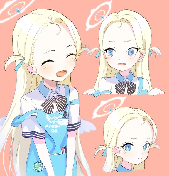 Anime picture 1150x1197 with blue archive sora (blue archive) bazz000033 single long hair tall image open mouth blue eyes simple background blonde hair smile eyes closed two side up pink background strap slip multiview ^ ^ ^o^ @ @ angel's 24 uniform (blue archive)