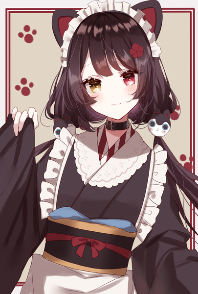 Anime picture 1350x2000 with virtual youtuber nijisanji inui toko sinsihukunokonaka single long hair tall image looking at viewer blush black hair twintails animal ears traditional clothes japanese clothes heterochromia low twintails :3 dog ears girl hair ornament