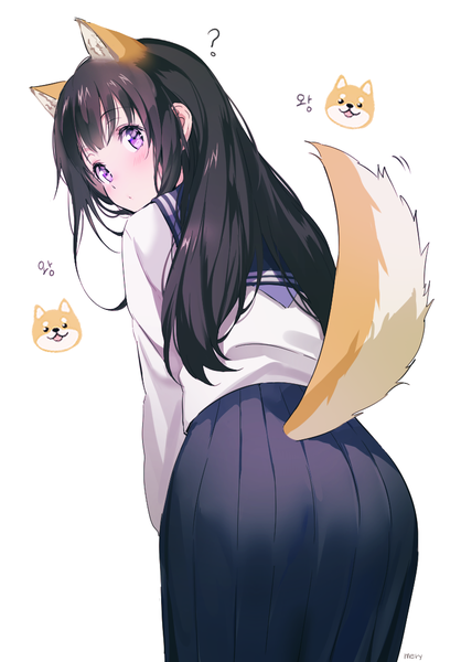 Anime picture 767x1100 with hyouka kyoto animation chitanda eru mery (yangmalgage) single long hair tall image looking at viewer fringe black hair simple background standing white background purple eyes animal ears payot ass tail blunt bangs animal tail