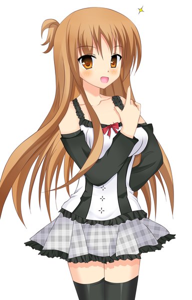 Anime picture 1600x2500 with original yashiro sayoi single long hair tall image looking at viewer blush open mouth simple background brown hair white background brown eyes zettai ryouiki girl thighhighs dress black thighhighs detached sleeves