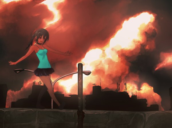 Anime picture 1150x862 with original revenant single long hair open mouth black hair red eyes bare shoulders cloud (clouds) ponytail girl skirt miniskirt shirt