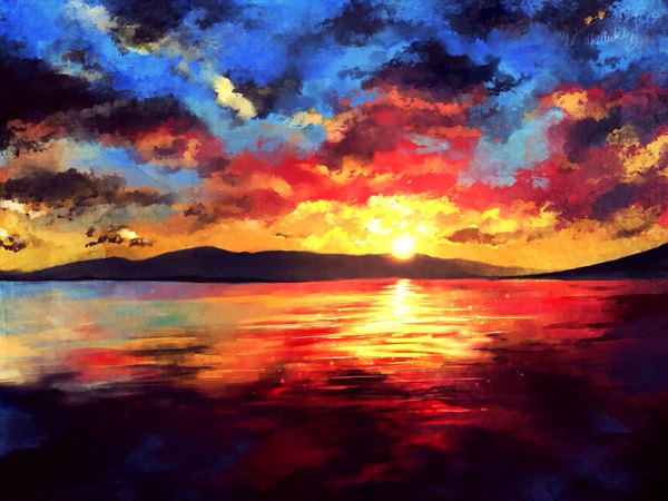 Anime picture 3999x3000 with original wakatuki highres absurdres cloud (clouds) evening sunset mountain no people landscape morning sunrise water sea sun