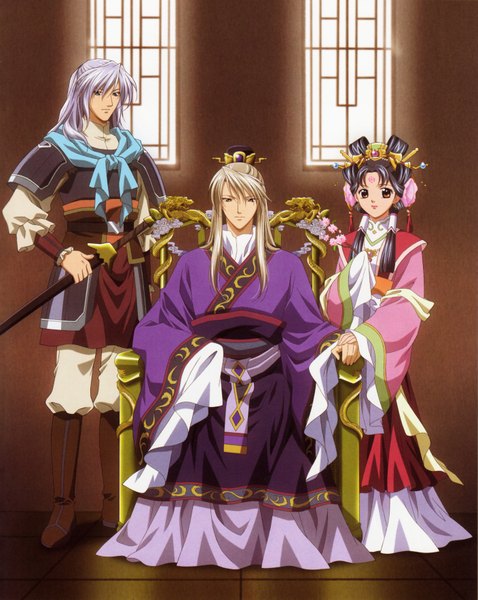 Anime picture 2814x3532 with saiunkoku monogatari kou shuurei shi ryuuki shi seiran long hair tall image highres black hair brown hair sitting brown eyes green eyes purple hair traditional clothes scan multiple boys chinese clothes girl boy sword