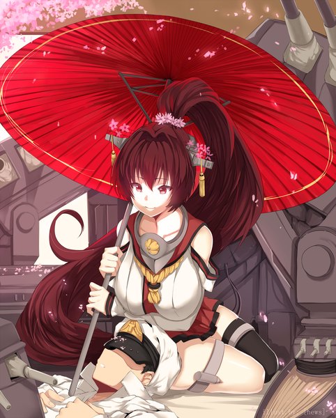 Anime picture 1125x1400 with kantai collection yamato super battleship admiral (kantai collection) hews single tall image red eyes brown hair ponytail very long hair girl thighhighs boy hair ornament flower (flowers) weapon detached sleeves petals umbrella single thighhigh