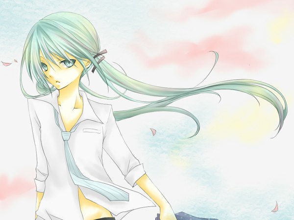 Anime picture 1024x768 with vocaloid hatsune miku single long hair looking at viewer fringe light erotic twintails sky cloud (clouds) upper body parted lips aqua eyes wind aqua hair girl hair ornament shirt petals necktie