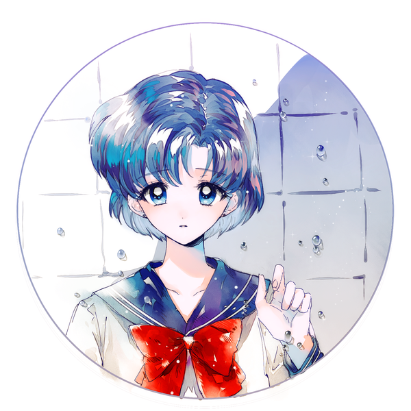 Anime picture 1200x1200 with bishoujo senshi sailor moon toei animation mizuno ami ahma single looking at viewer fringe short hair blue eyes simple background white background blue hair upper body against wall girl uniform serafuku water drop wall