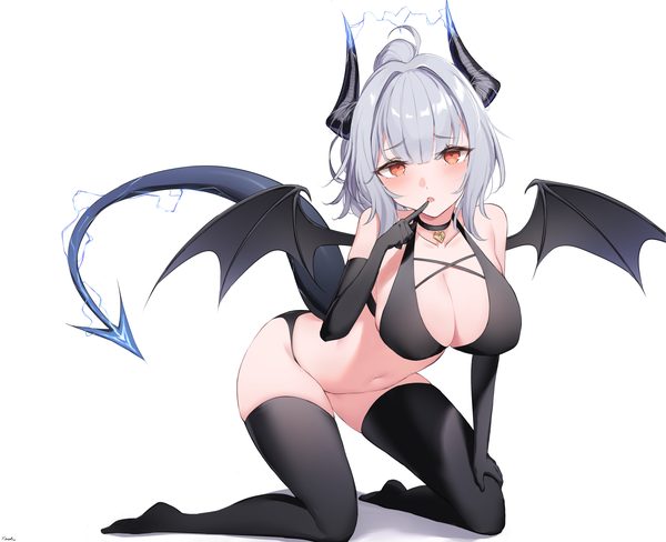Anime picture 3200x2600 with arknights liskarm (arknights) xooku single looking at viewer blush fringe highres short hair open mouth light erotic simple background white background signed absurdres silver hair full body tail blunt bangs horn (horns)