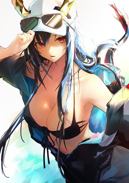 Anime picture 1302x1842 with arknights ch'en (arknights) ch'en the holungday (arknights) sakusyo single long hair tall image looking at viewer fringe breasts open mouth light erotic red eyes large breasts standing signed blue hair cleavage tail horn (horns)