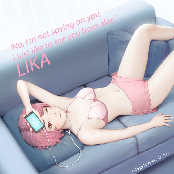 Anime picture 3508x3508 with original lika (jubi) jubi (regiana) single looking at viewer highres short hair breasts light erotic smile red eyes signed absurdres red hair lying one eye closed arm up on back text english