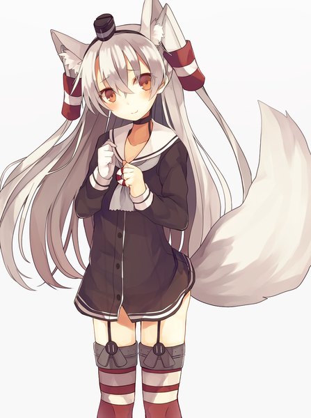 Anime picture 1000x1342 with kantai collection amatsukaze destroyer shugao single long hair tall image looking at viewer blush light erotic simple background smile hair between eyes red eyes animal ears silver hair tail animal tail grey background two side up kemonomimi mode