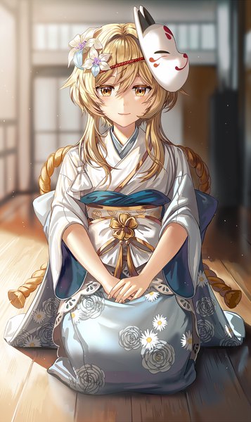 Anime picture 1000x1680 with genshin impact lumine (genshin impact) silence girl single tall image looking at viewer fringe short hair blonde hair smile hair between eyes sitting yellow eyes indoors traditional clothes japanese clothes hair flower alternate costume floral print mask on head