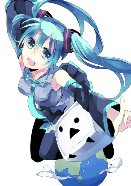 Anime picture 1200x1694 with vocaloid hatsune miku mihatarou single long hair tall image looking at viewer open mouth simple background white background twintails bare shoulders aqua eyes aqua hair spread arms jumping girl skirt detached sleeves necktie