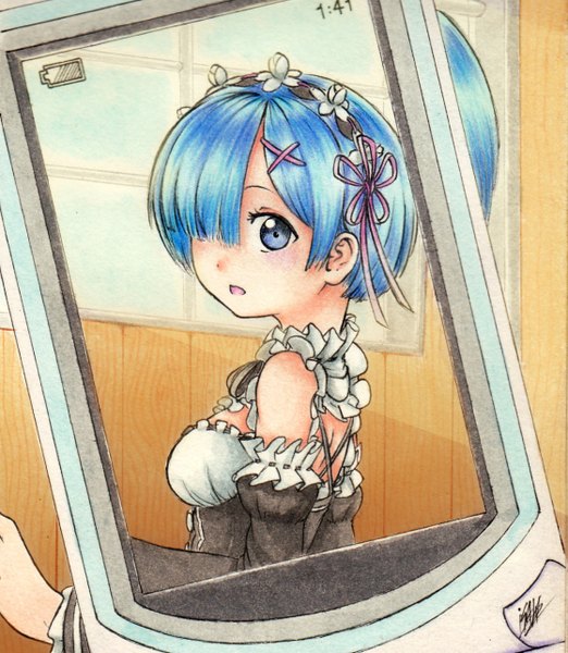 Anime picture 1117x1284 with re:zero kara hajimeru isekai seikatsu white fox rem (re:zero) isaki tanaka single tall image looking at viewer blush fringe short hair open mouth blue eyes signed blue hair parted lips looking back hair over one eye wide sleeves maid underbust