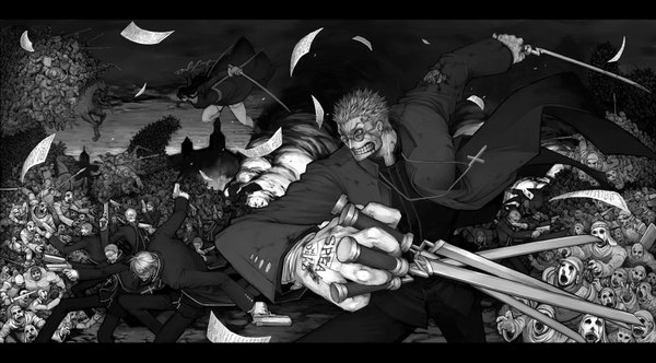 Anime picture 1500x830 with hellsing alexander anderson h.hiroma short hair black hair blonde hair wide image inscription grin monochrome group zombie gloves weapon sword glasses katana gun cross coat