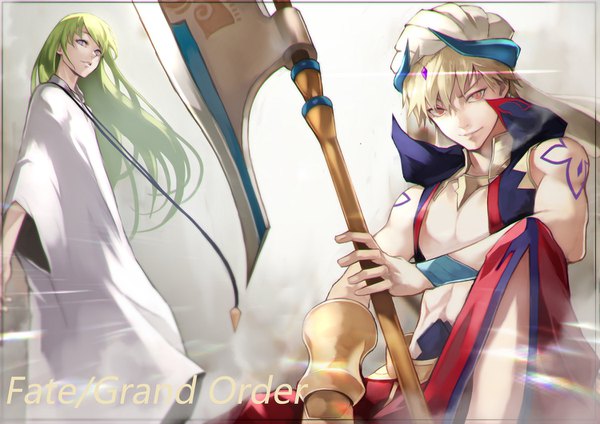 Anime picture 1500x1060 with fate (series) fate/grand order gilgamesh (fate) enkidu (fate) gilgamesh (caster) (fate) yoshio (55level) long hair looking at viewer fringe short hair blonde hair red eyes purple eyes bare shoulders green hair multiple boys tattoo copyright name boy weapon