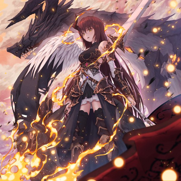 Anime picture 1600x1600 with original dlwhdals901 single long hair looking at viewer blush fringe breasts hair between eyes brown hair holding yellow eyes sky cloud (clouds) horn (horns) from below fantasy white wings dual wielding single wing