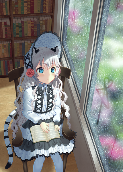 Anime-Bild 1000x1399 mit original toujou mina single long hair tall image blush fringe blue eyes hair between eyes sitting animal ears silver hair indoors tail long sleeves animal tail wavy hair rain lolita fashion tiger ears