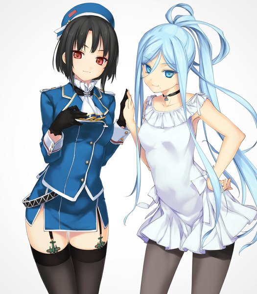 Anime picture 840x960 with kantai collection aoki hagane no arpeggio takao heavy cruiser takao (aoki hagane no arpeggio) rokuwata tomoe long hair tall image looking at viewer fringe short hair blue eyes black hair simple background smile hair between eyes red eyes white background multiple girls blue hair mole