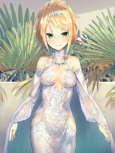 Anime picture 791x1049 with original nanashina (artist) single tall image looking at viewer blush fringe short hair breasts light erotic blonde hair smile hair between eyes standing bare shoulders green eyes payot cleavage full body long sleeves