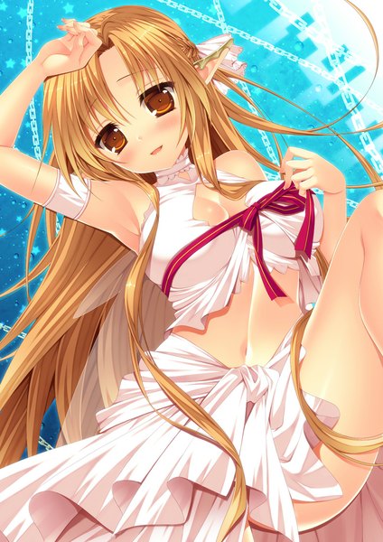 Anime picture 800x1131 with sword art online a-1 pictures yuuki asuna titania (alo) minatsuki alumi single long hair tall image looking at viewer blush breasts light erotic brown hair brown eyes pointy ears girl dress navel