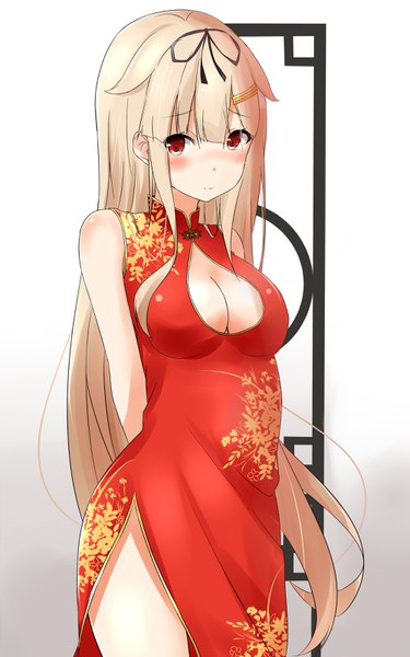 Anime picture 2000x3200 with kantai collection yuudachi destroyer saku (kudrove) single long hair tall image looking at viewer blush fringe highres breasts light erotic blonde hair hair between eyes white background bare shoulders cleavage traditional clothes sleeveless thighs