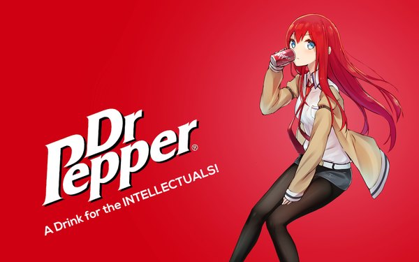 Anime picture 1920x1200 with steins;gate white fox dr pepper makise kurisu assassinwarrior ninnzinn single long hair looking at viewer blush highres blue eyes simple background sitting red hair wallpaper red background drinking girl pantyhose