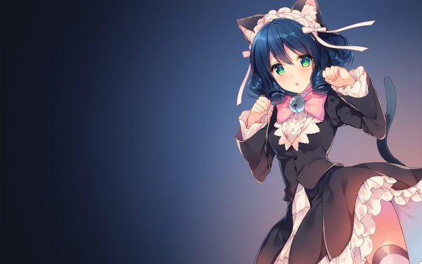 Anime picture 1920x1200 with show by rock!! studio bones cyan (show by rock!!) assassinwarrior mayachi (amuriya) single looking at viewer blush highres short hair breasts open mouth simple background standing green eyes animal ears blue hair tail animal tail cat ears