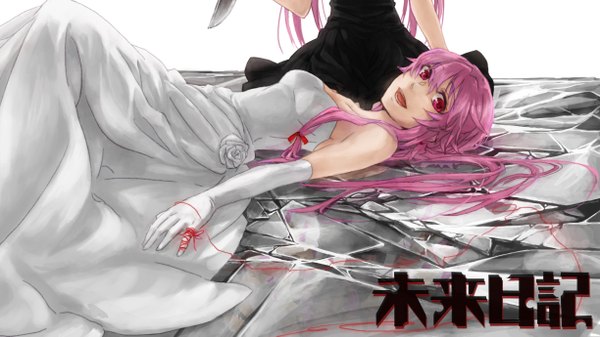 Anime picture 1224x689 with mirai nikki gasai yuno long hair looking at viewer fringe breasts open mouth red eyes wide image bare shoulders holding pink hair cleavage lying on back sleeveless dual persona wedding girl dress