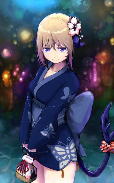 Anime picture 1200x1920 with final fantasy final fantasy xiv square enix au ra roza (pixiv id=236051) single tall image looking at viewer fringe short hair blonde hair smile standing purple eyes holding pink hair tail multicolored hair hair flower night