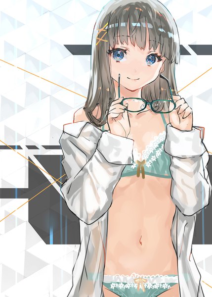 Anime picture 858x1200 with original ranou single long hair tall image looking at viewer blush fringe blue eyes light erotic simple background smile standing bare shoulders holding blunt bangs grey hair off shoulder open shirt flat chest