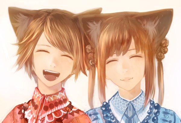 Anime picture 1210x825 with original bounin fringe short hair open mouth blonde hair smile multiple girls animal ears eyes closed lips teeth fox ears happy ^ ^ twins ^o^ hair bell girl 2 girls